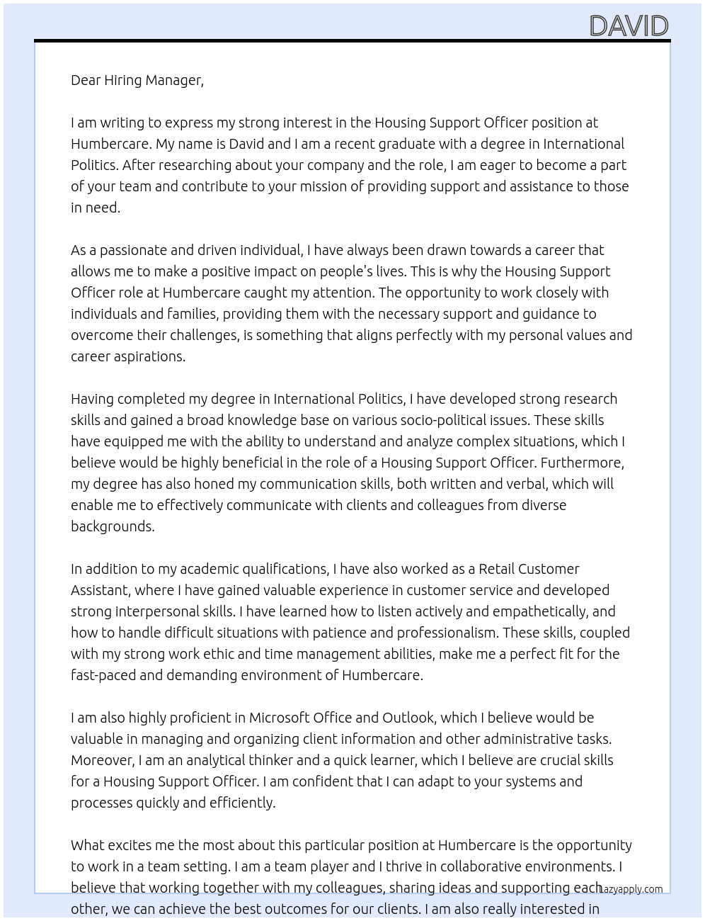 Housing Support Officer At Humbercare Cover Letter