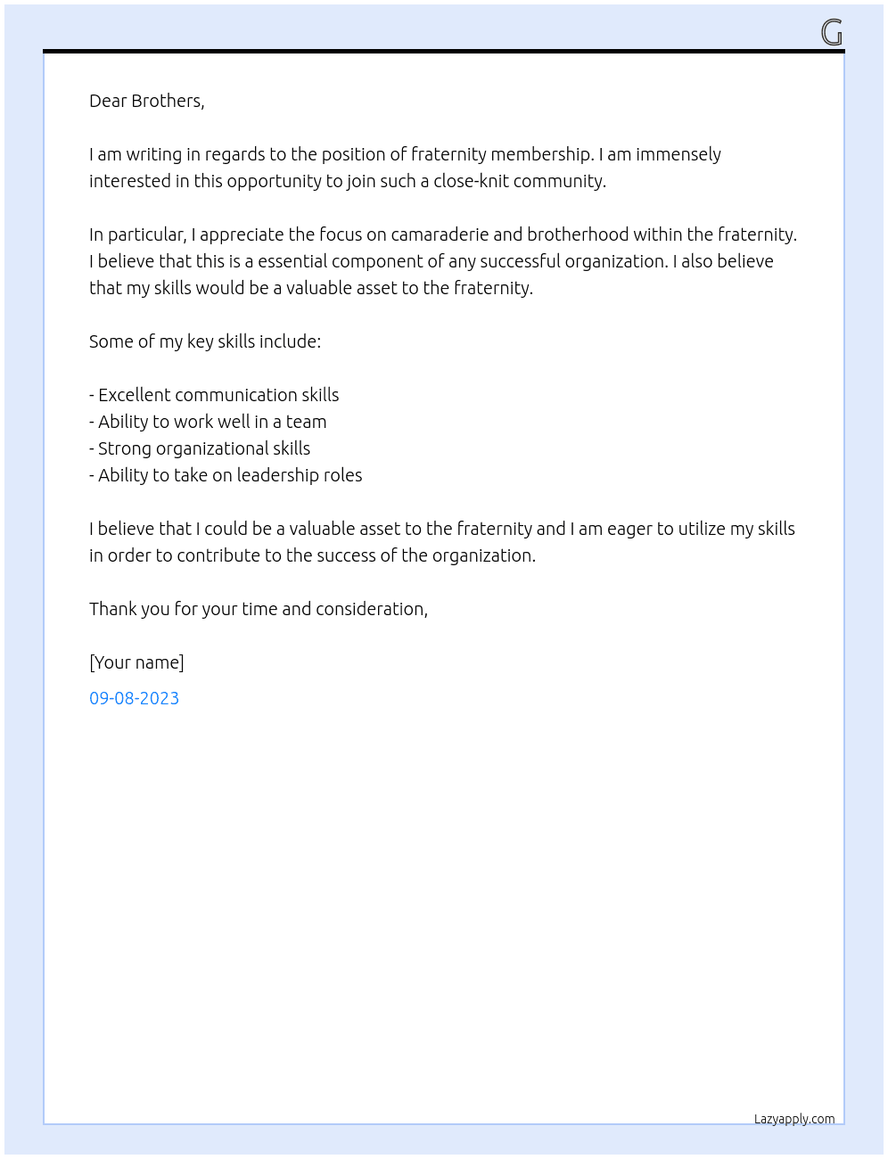 fraternity At membership Cover Letter