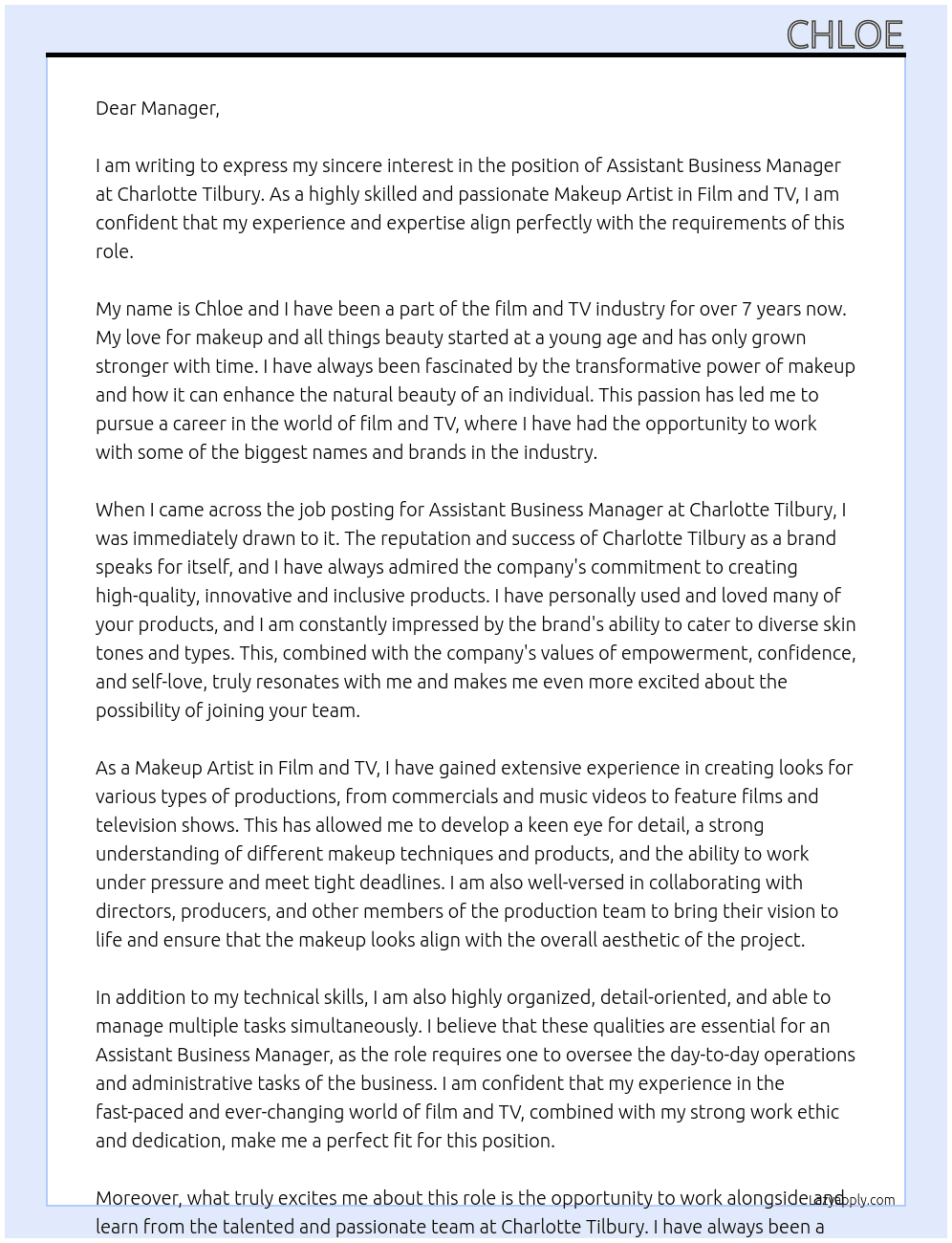 Assistant business manager At Charlotte Tilbury  Cover Letter