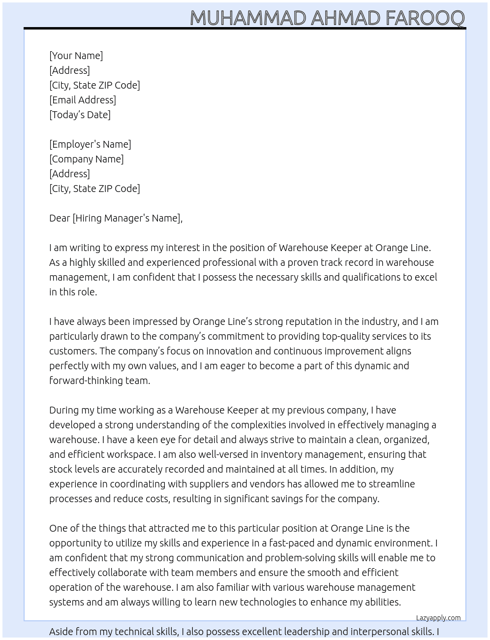 warehouse Keeper At orange line Cover Letter
