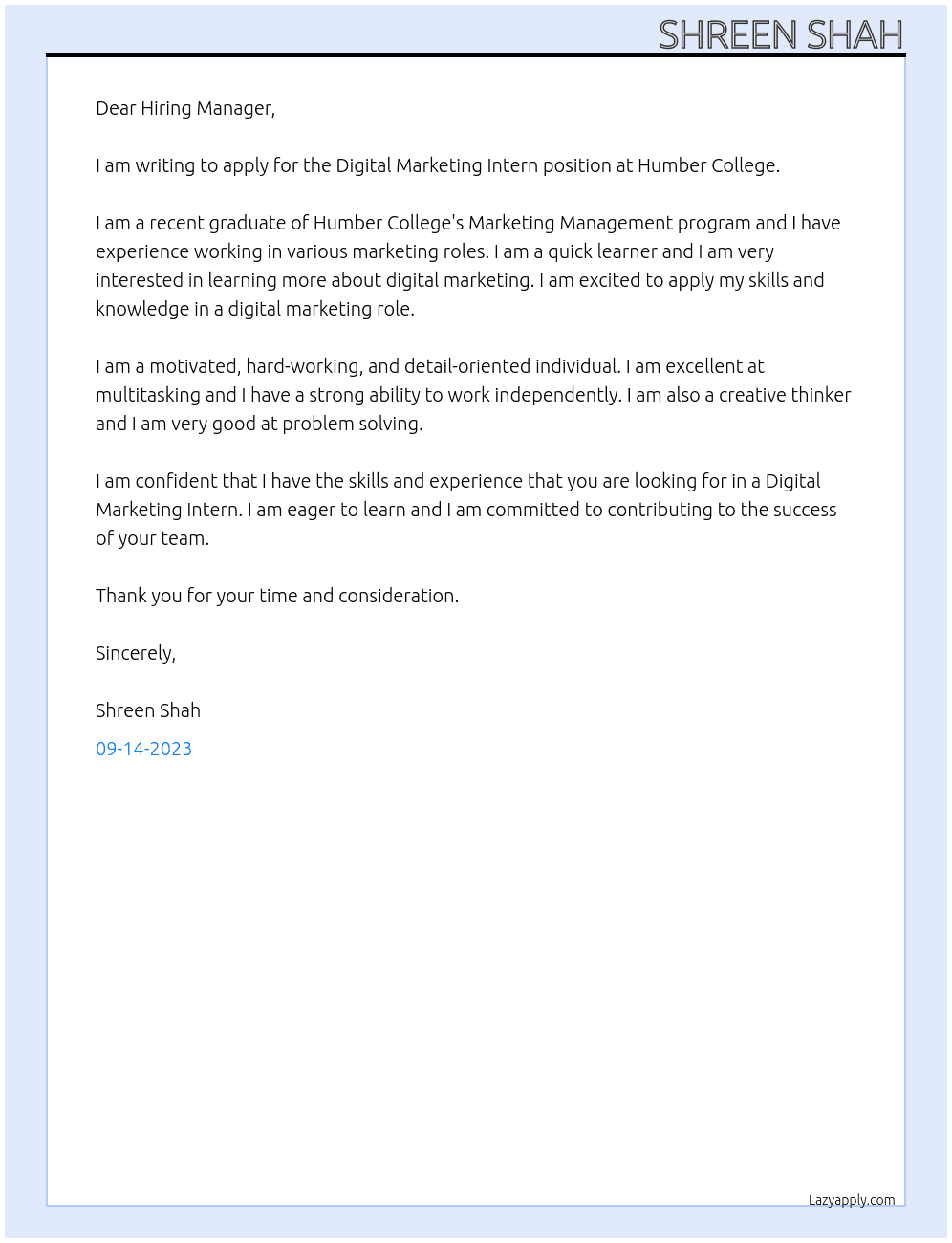 Digital marketing intern At Humber college Cover Letter