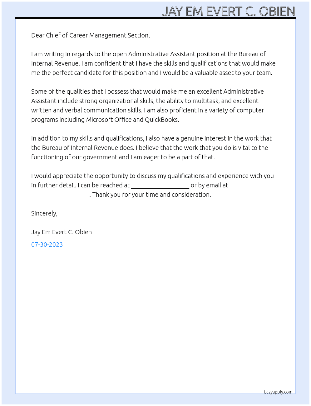 ADMINISTRATIVE ASSISTANT At BUREAU OF INTERNAL REVENUE Cover Letter