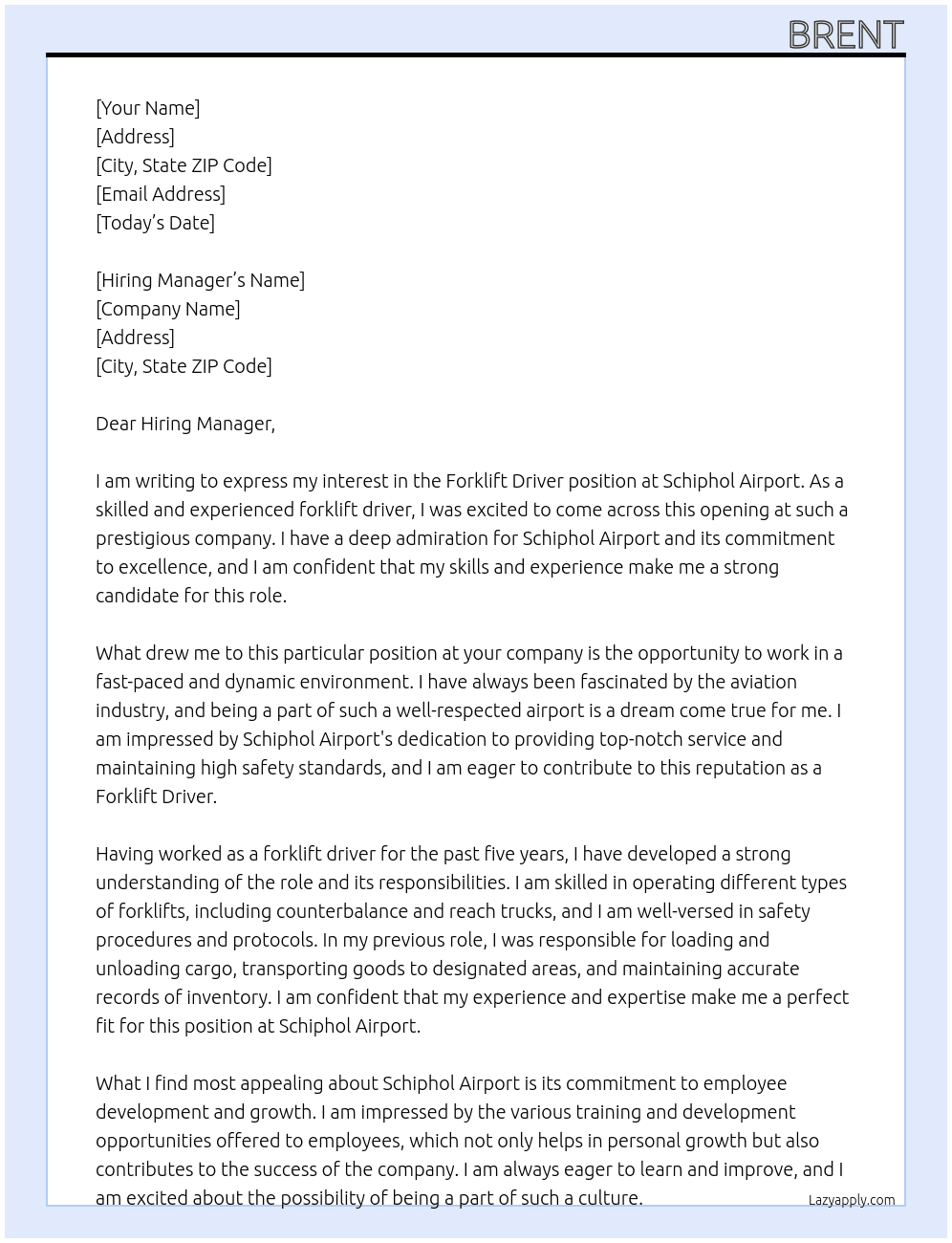 Forklift Driver  At Schiphol Airport Cover Letter