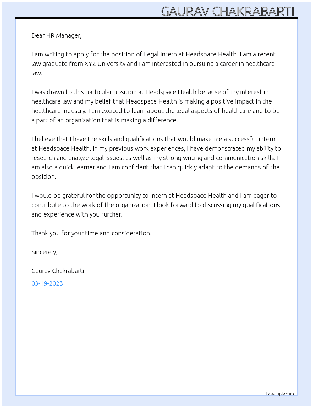 Legal intern  At Headspace Health  Cover Letter