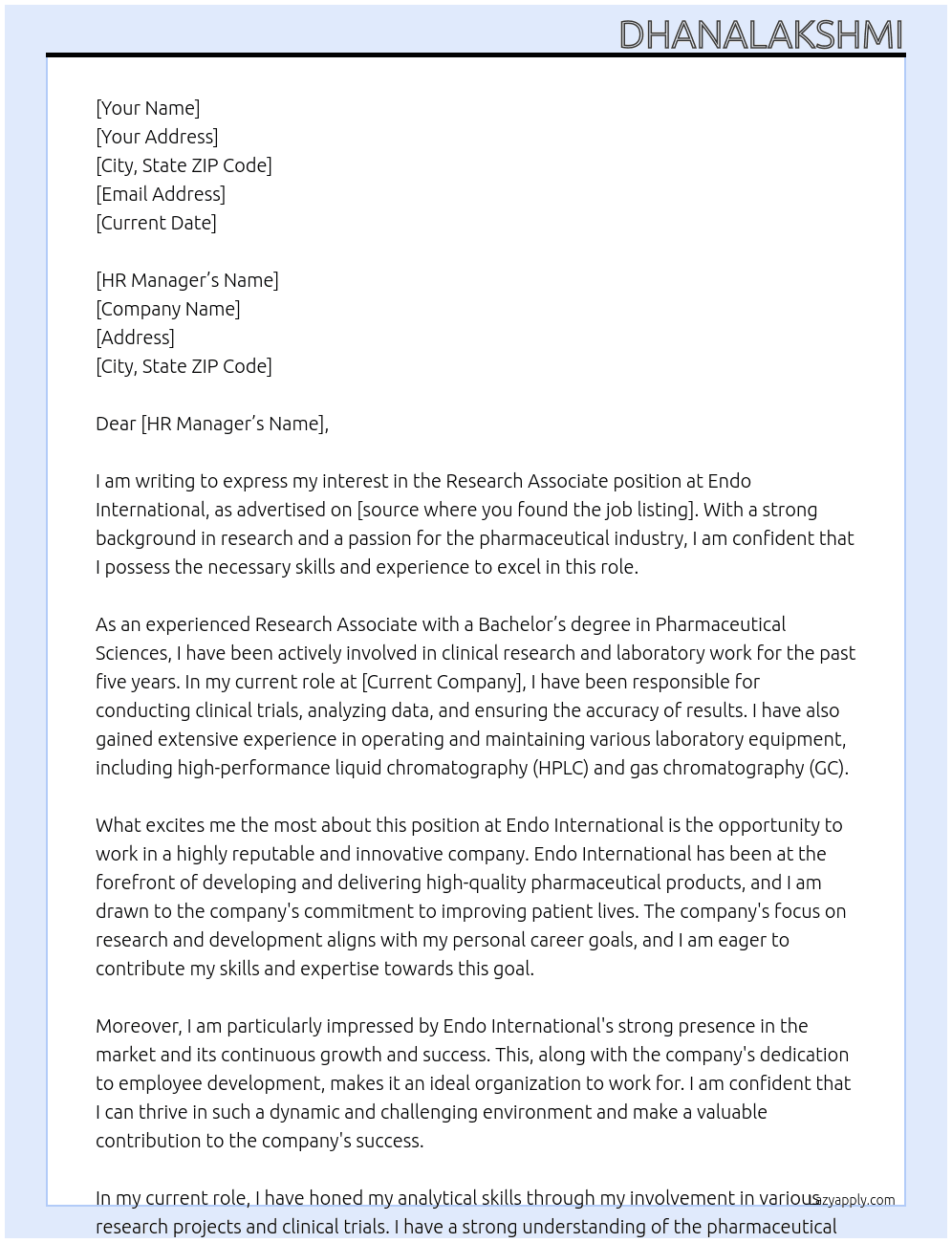 research associate At endo international Cover Letter