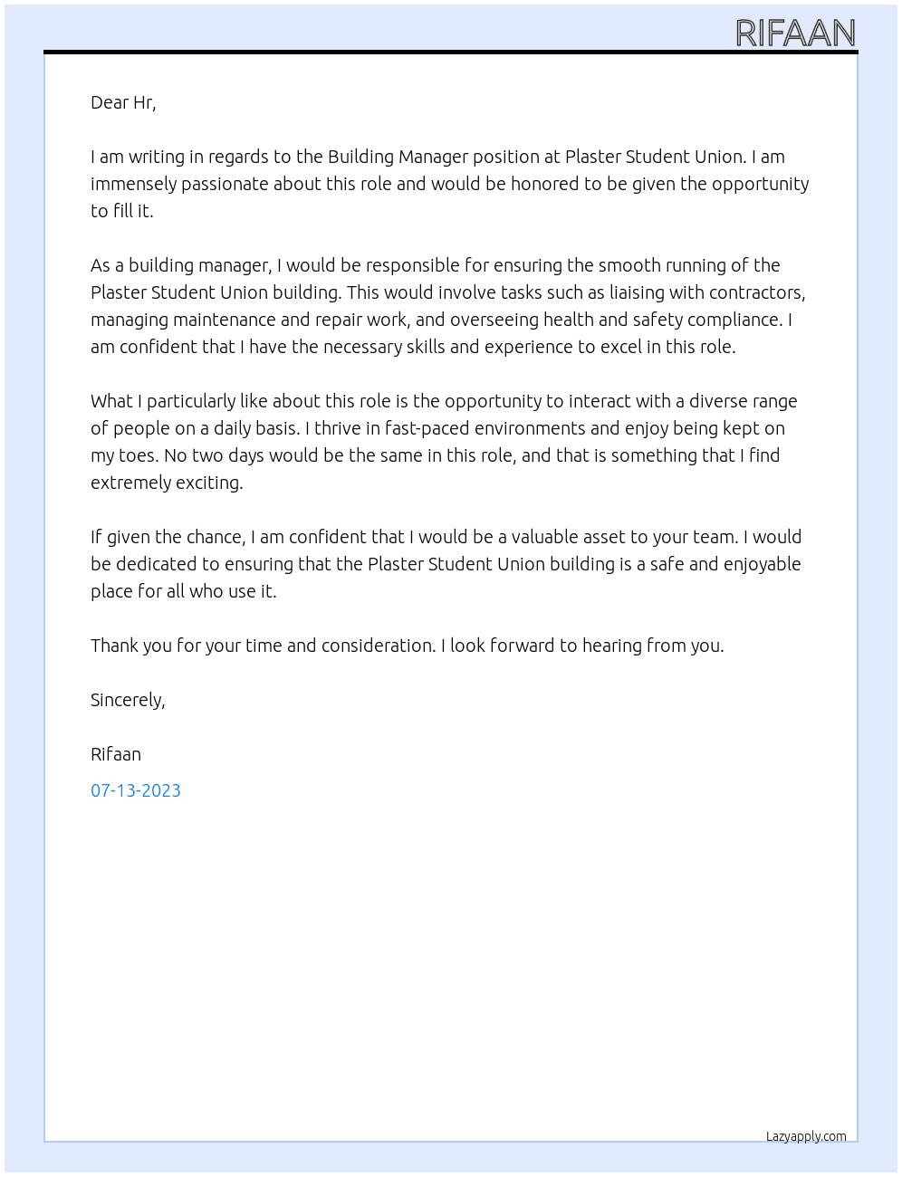 Building Manager At Plaster student union  Cover Letter