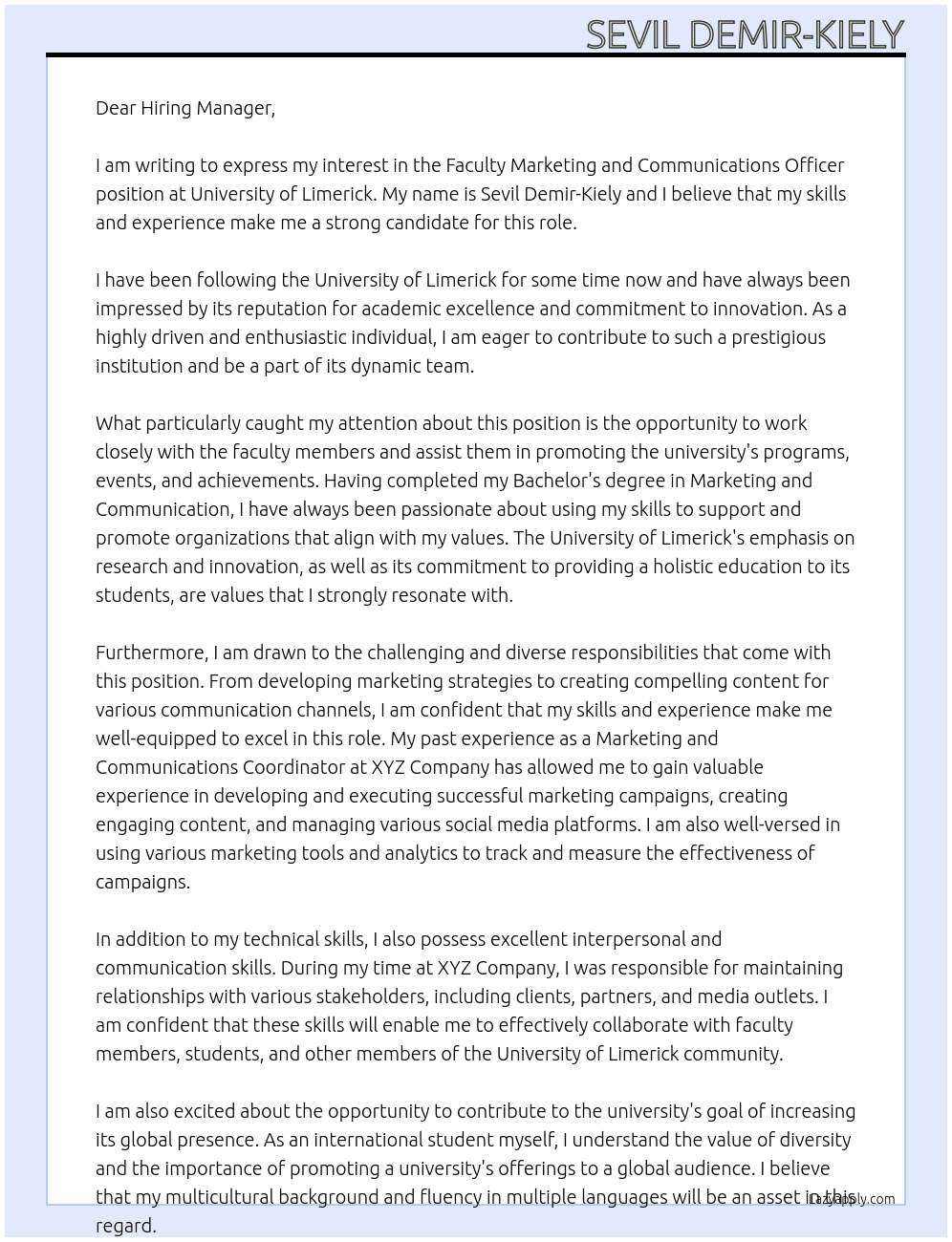 Faculty Marketing and Communications Officer At University of Limerick Cover Letter