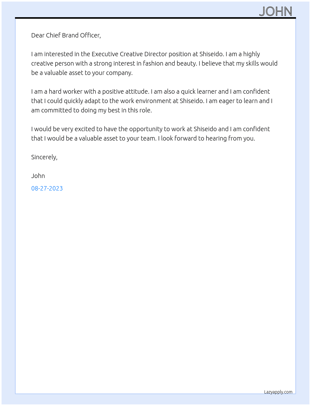 Executive creative director  At Shisheido  Cover Letter
