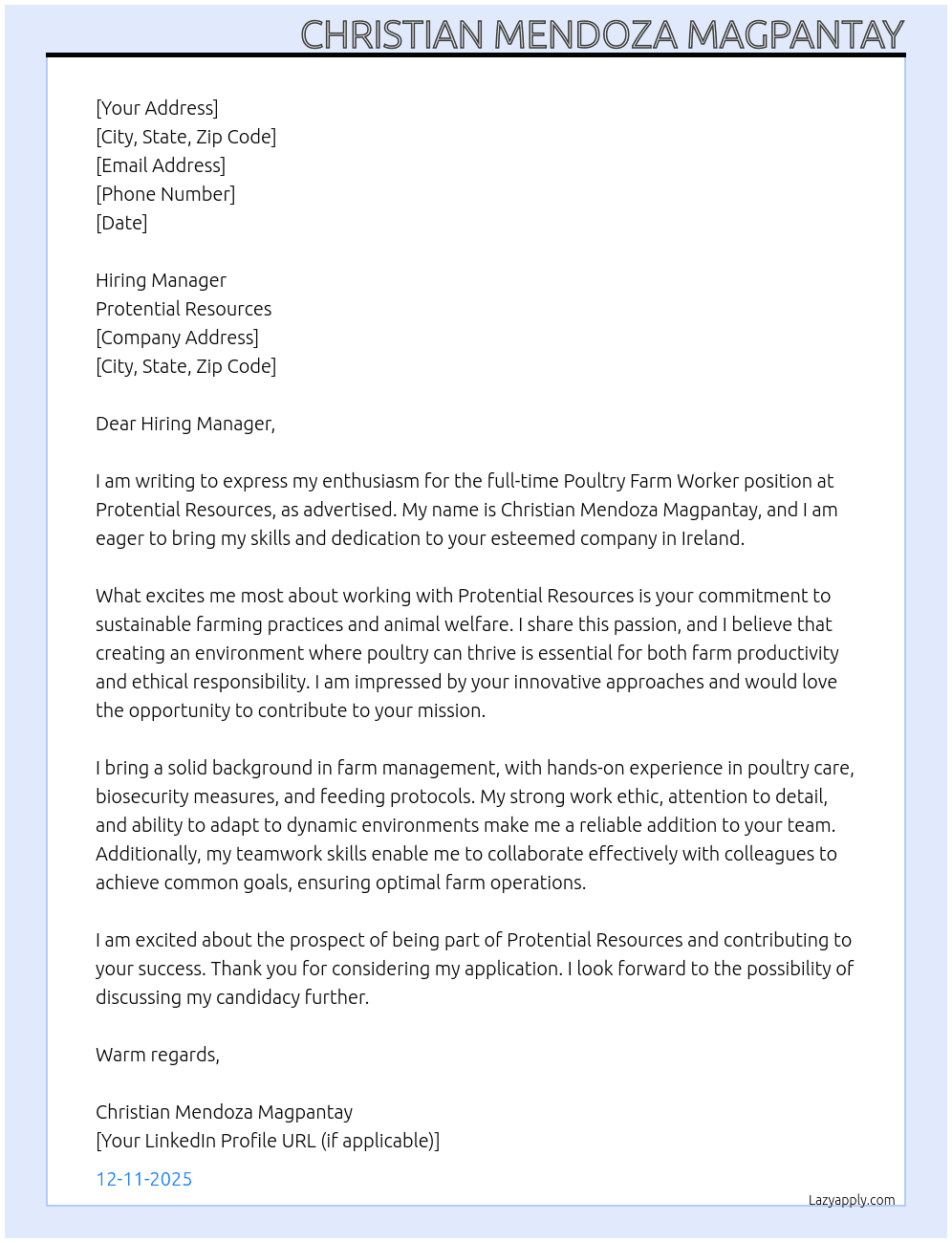 Poultry farm worker At Protential resources  Cover Letter