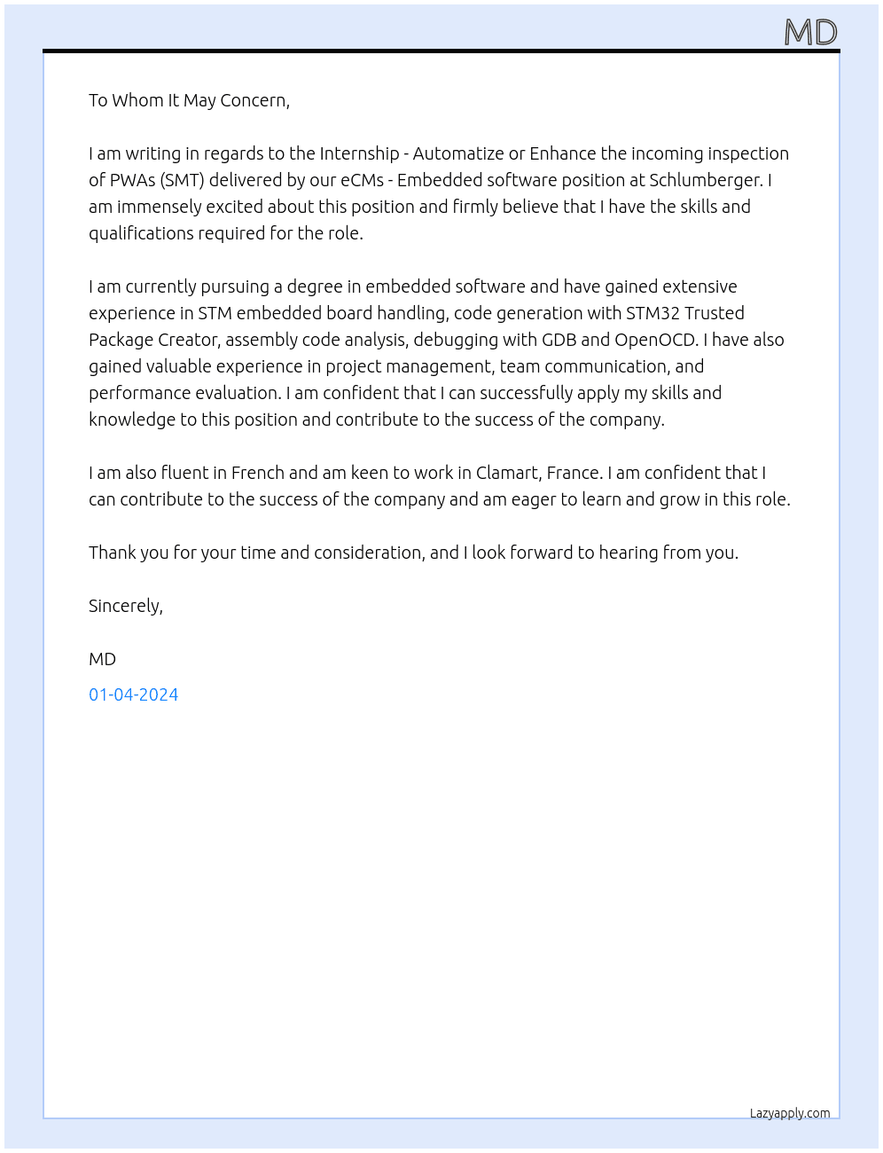 Internship - Automatize or Enhance the incoming inspection of PWAs (SMT) delivered by our eCMs - Embedded software At Schlumberger  Cover Letter