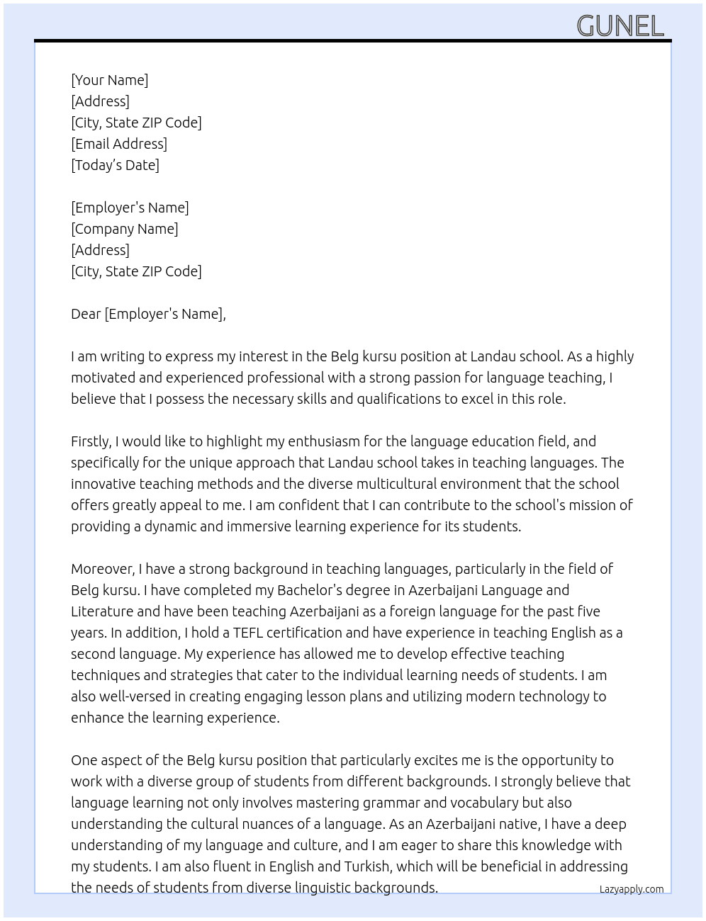 Belg kursu  At Landau school  Cover Letter