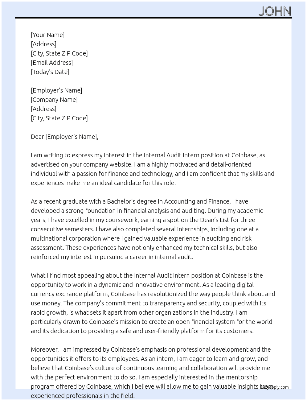 Internal Audit Intern At Coinbase Cover Letter
