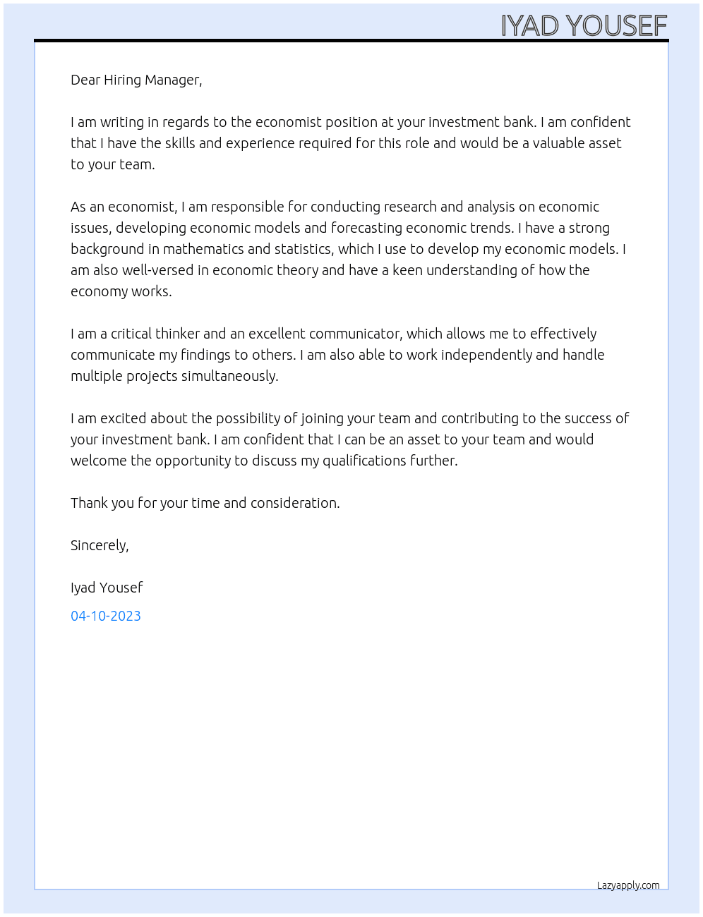 Economist At Investment bank Cover Letter