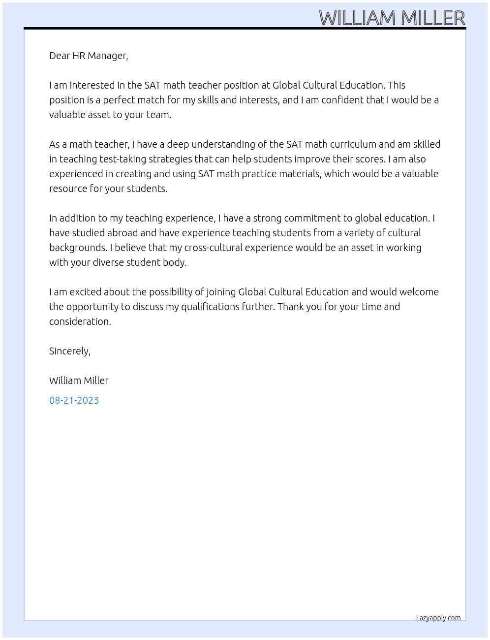 SAT math teacher At Global cultural education Cover Letter