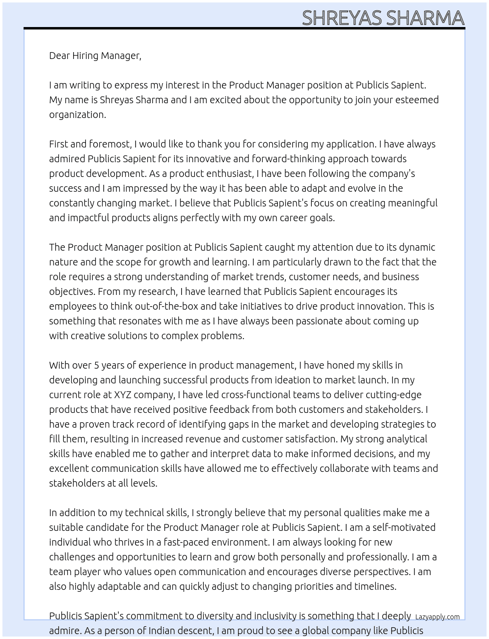 Product Manager At Publicis Sapient Cover Letter