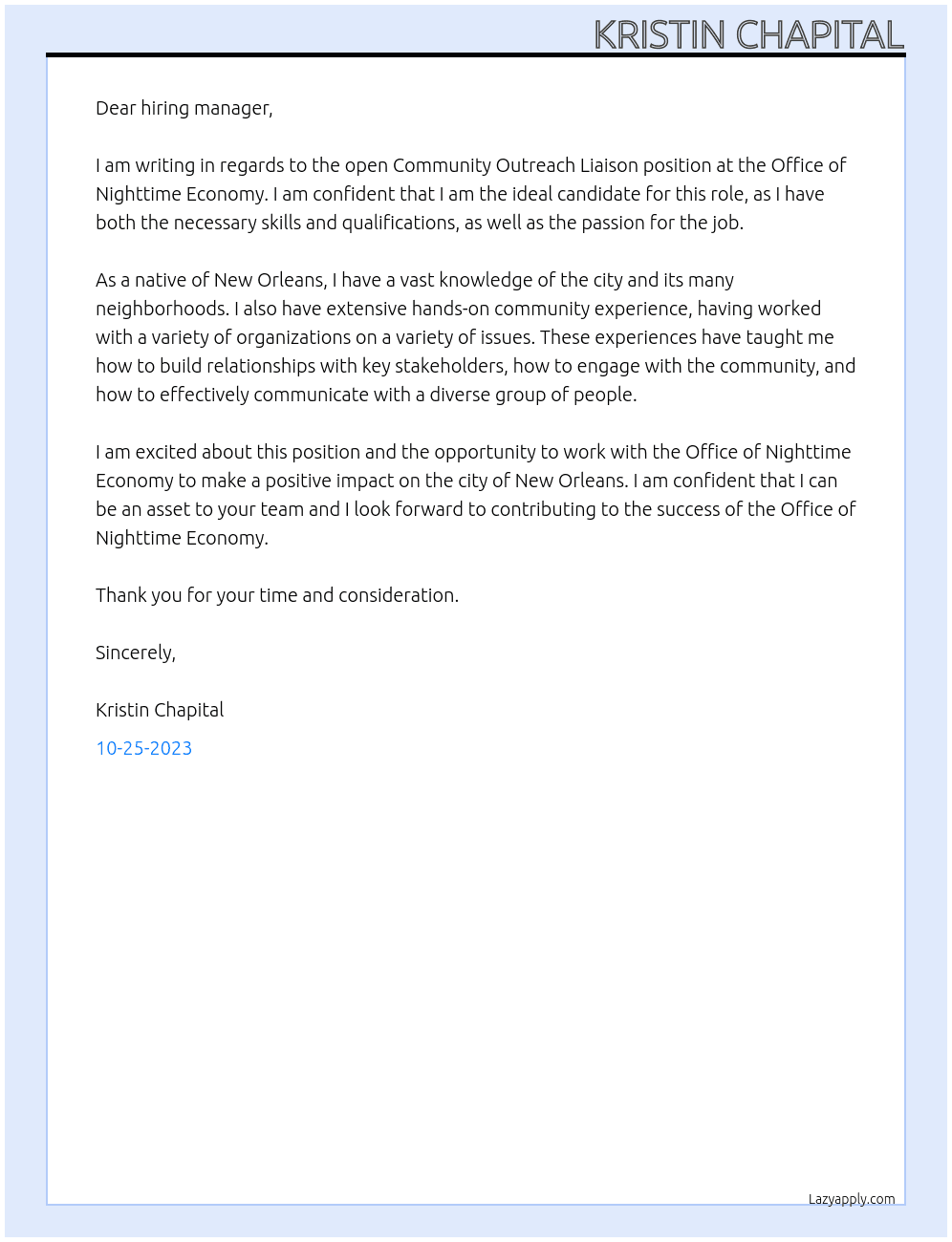 Community Outreach Liaison At Office of Nighttime Economy Cover Letter