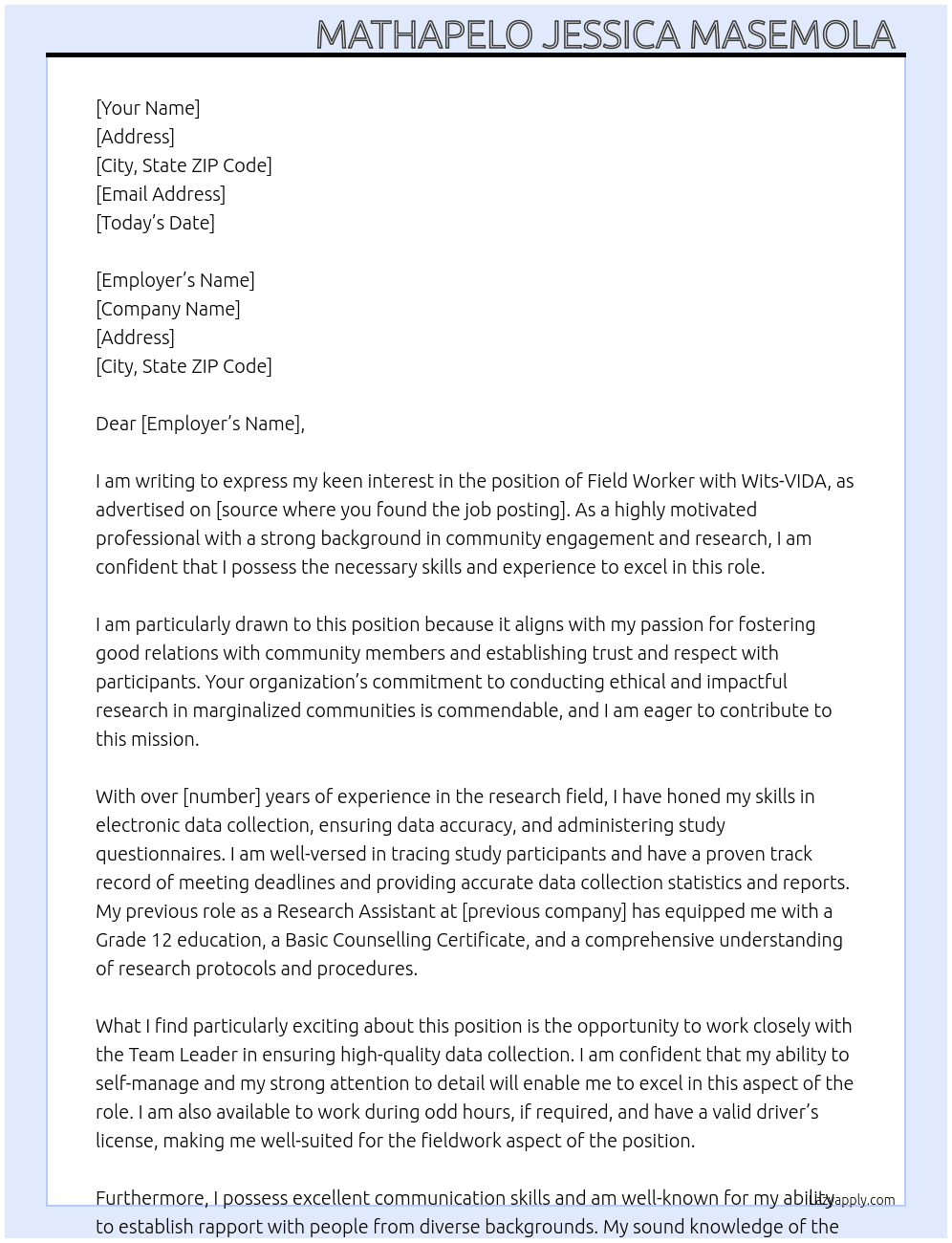 field worker  At Wits-VIDA Cover Letter