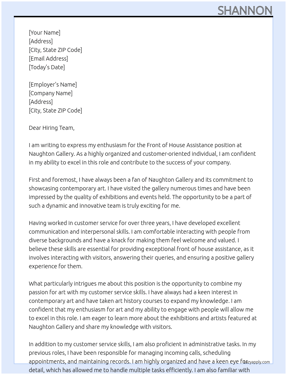Front of house assitance At Naughton Gallery Cover Letter
