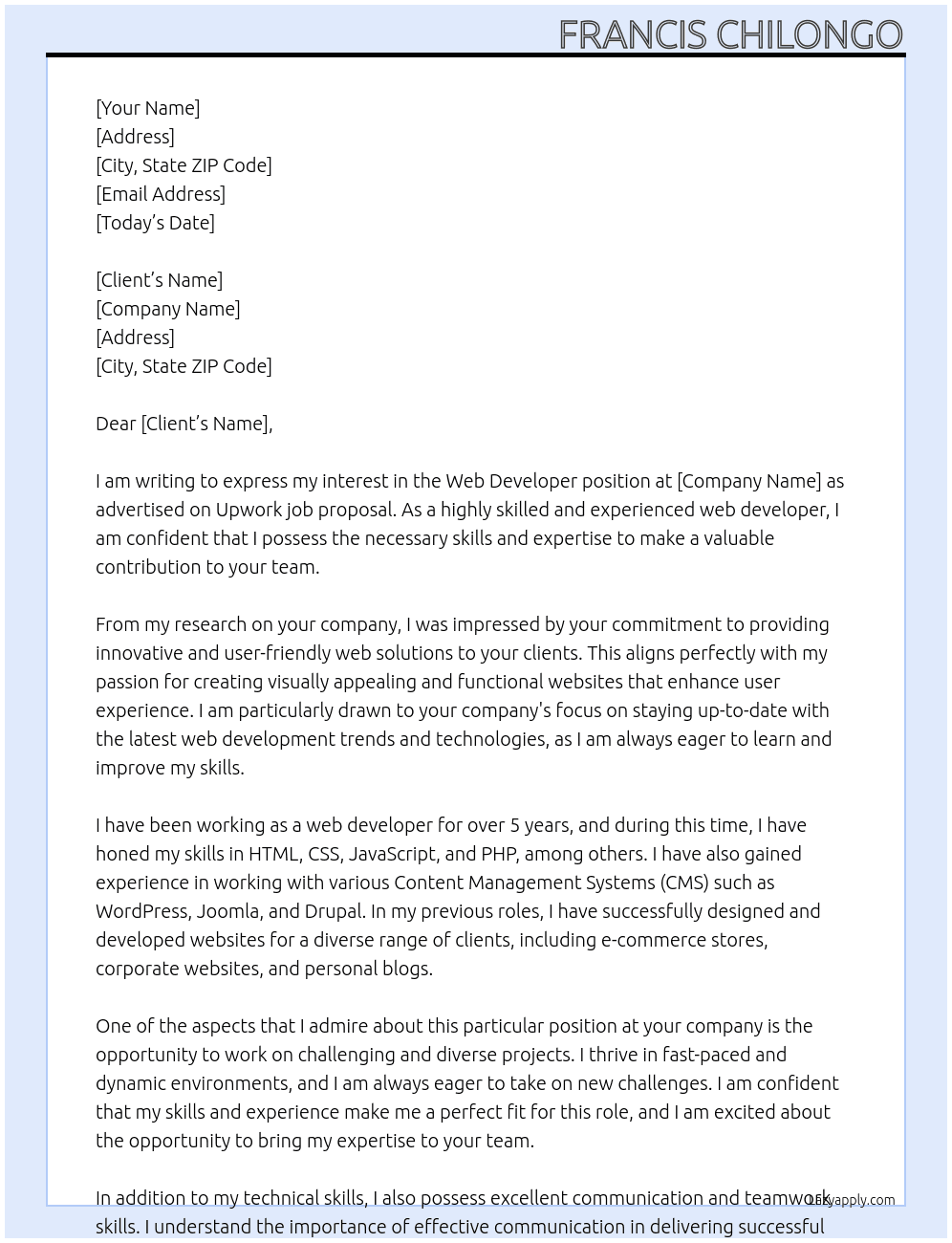 Web developer At Upwork job proposal Cover Letter