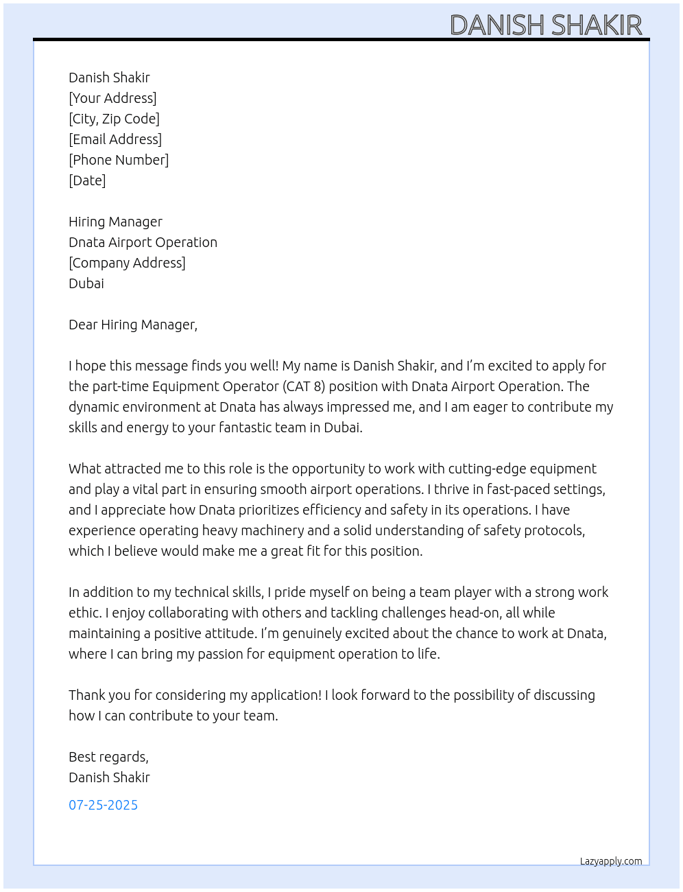 Equipment operator cat 8 At Dnata airport operation  Cover Letter