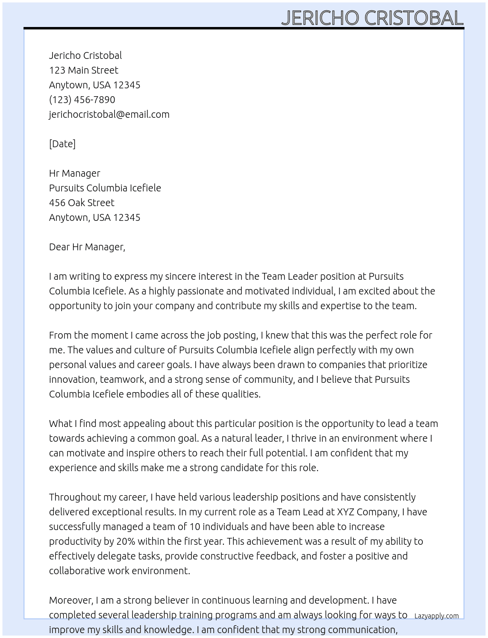 Team leader At Pursuits Columbia Icefiele Cover Letter