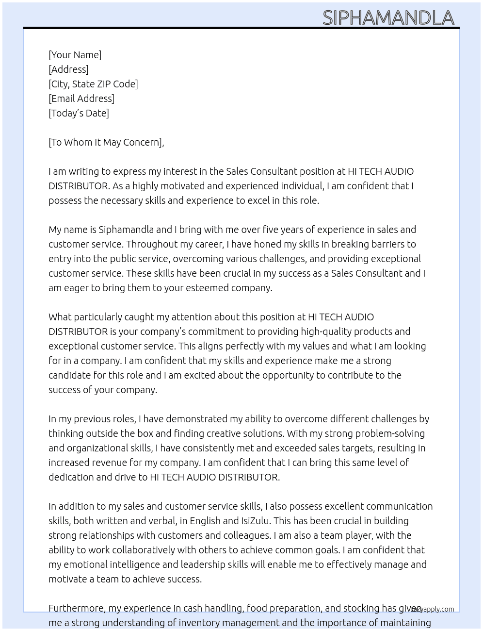 Sales Consultant  At HI TECH AUDIO DISTRIBUTOR  Cover Letter