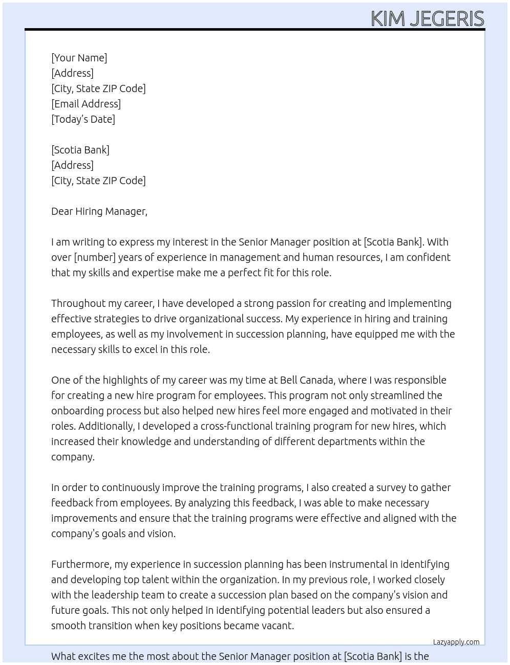 Senior Manager At Scotia Bank Cover Letter
