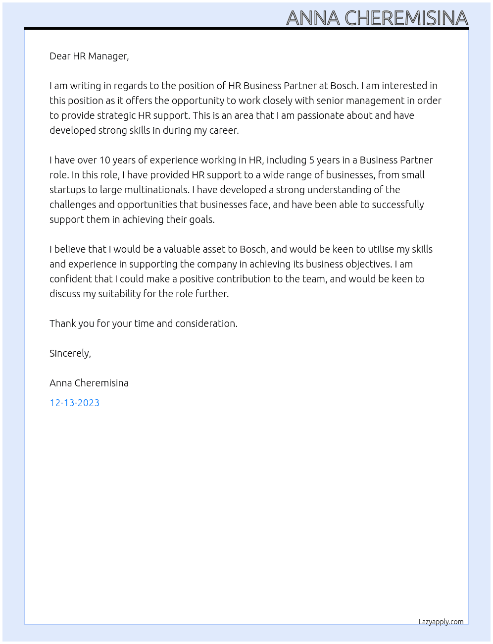 HR Business Partner At Bosch Cover Letter