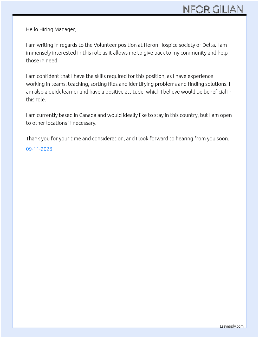 Volunteer  At Heron Hospice society of Delta Cover Letter