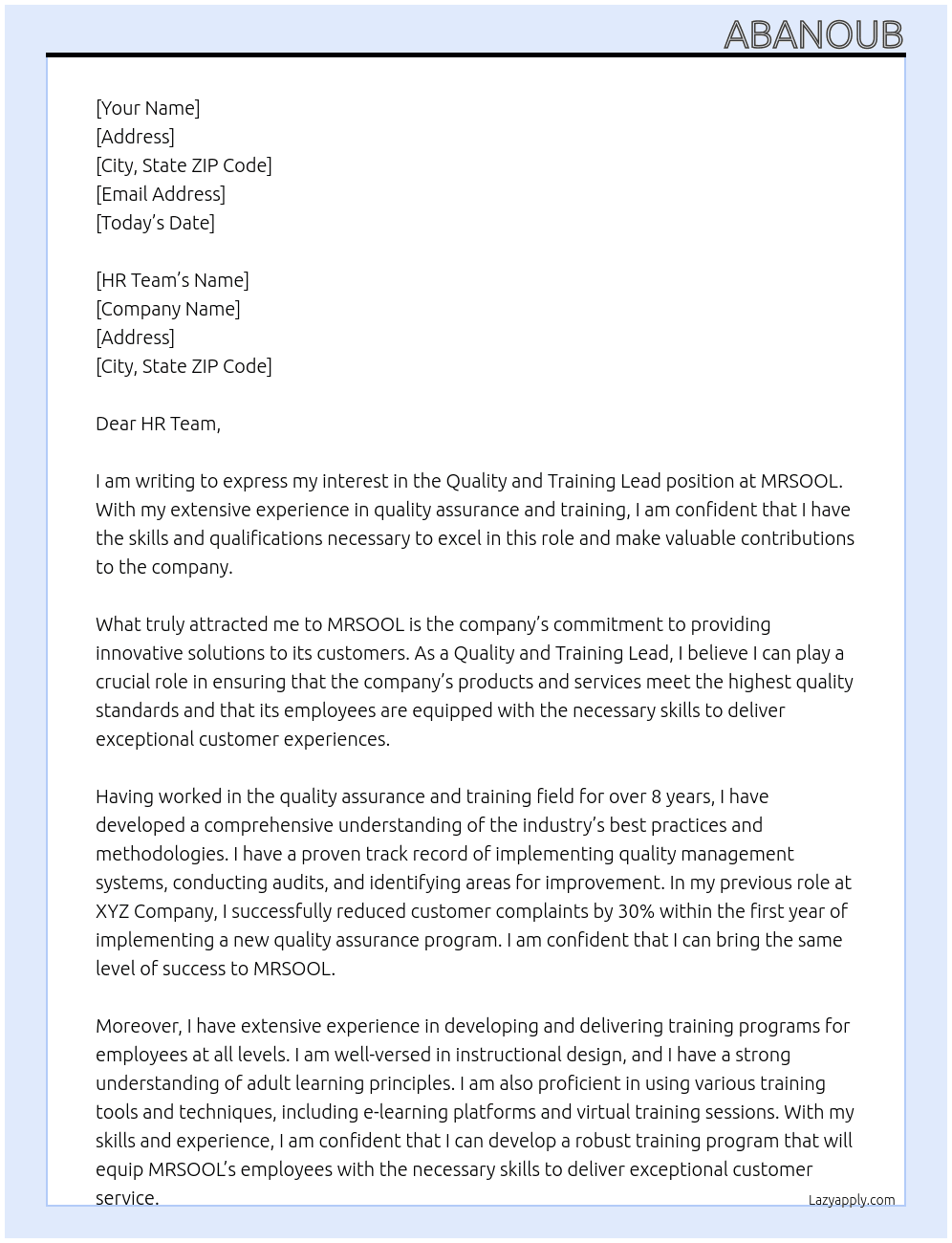 Quality and Training Lead At MRSOOL  Cover Letter