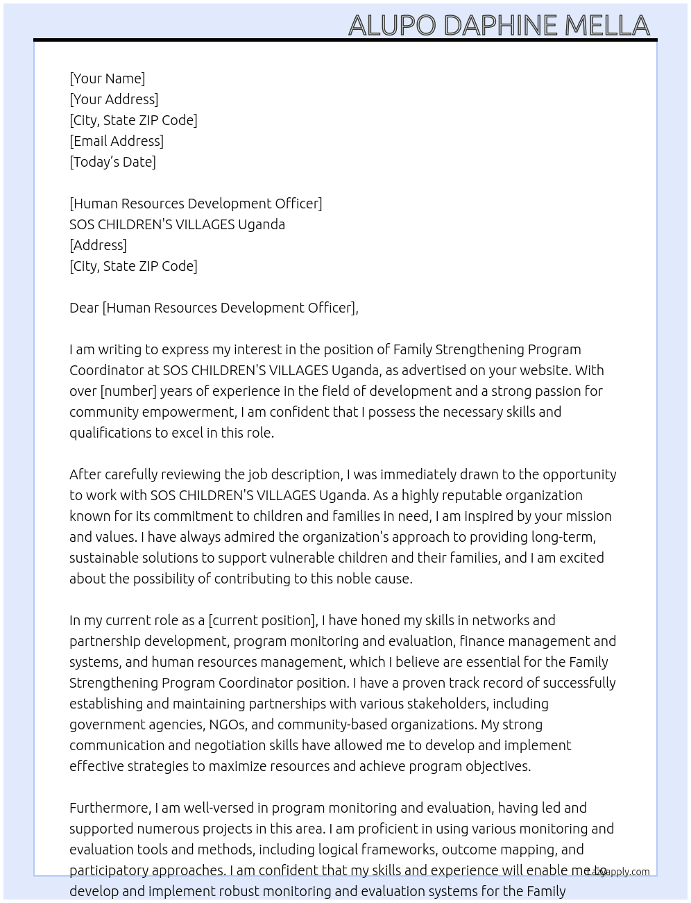 Family Strengthening Program Coordinator  At SOS CHILDREN'S VILLAGES Uganda  Cover Letter