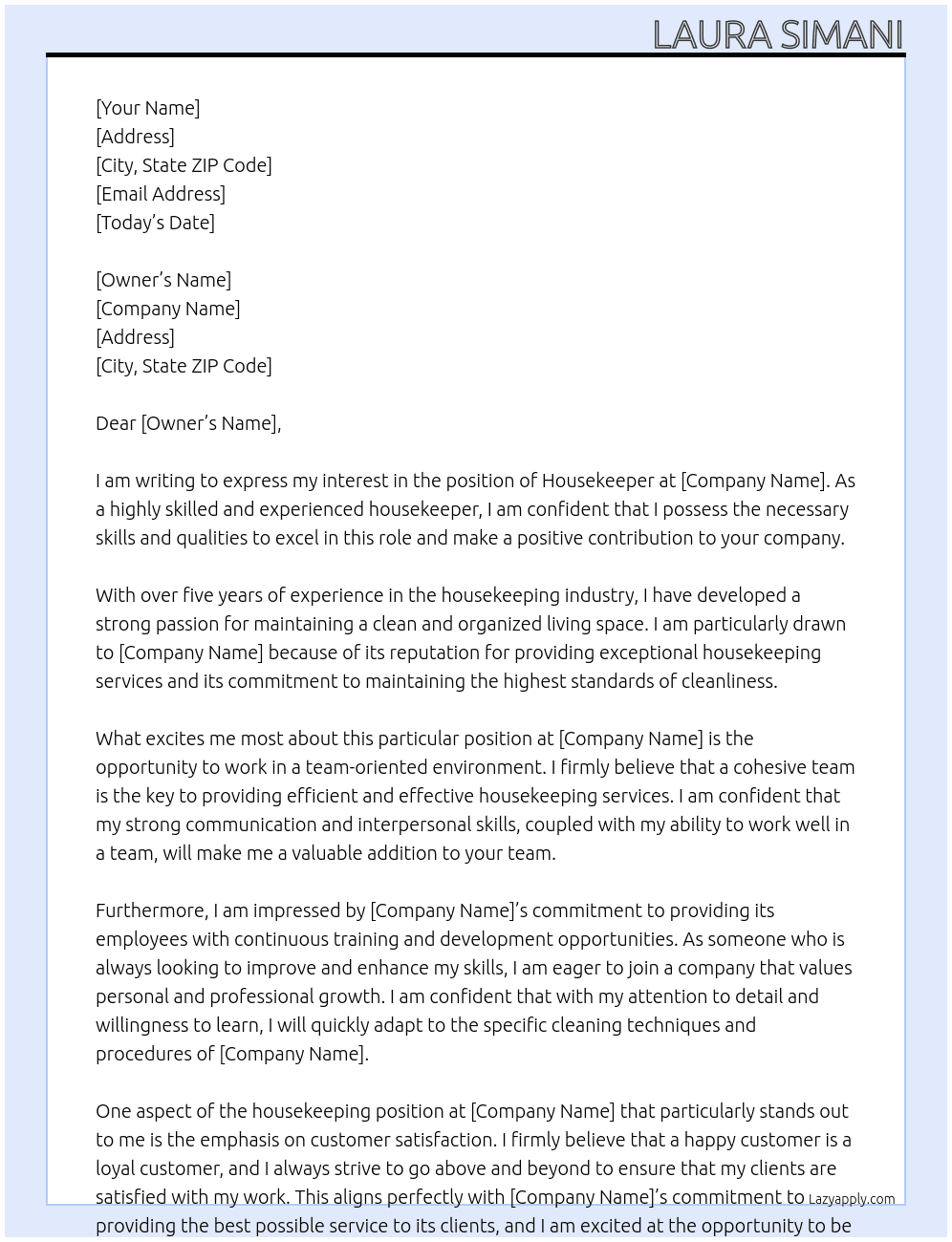 House keeper At house Cover Letter