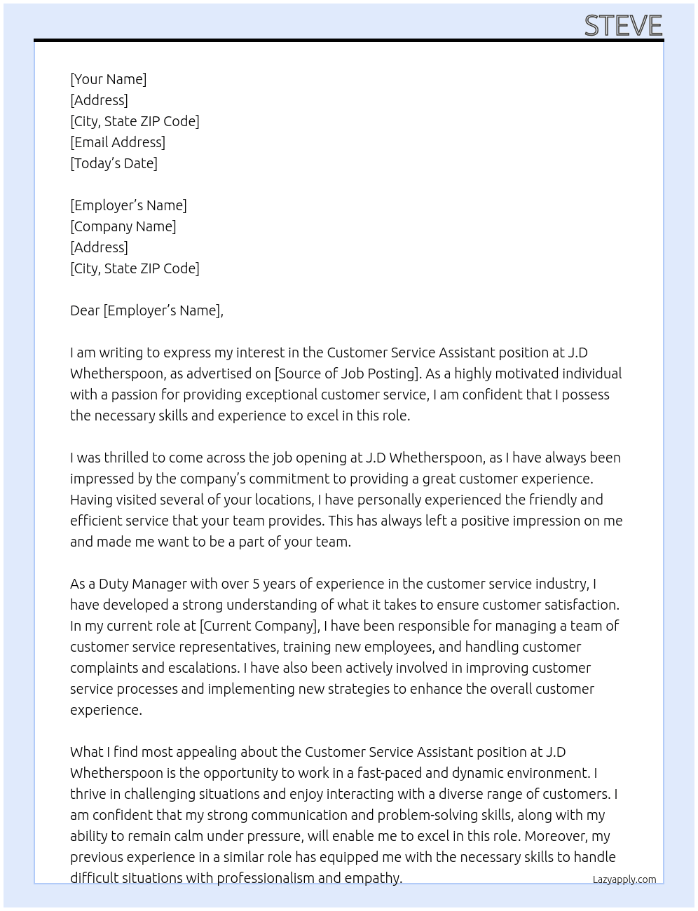 Customer Service Assistant At J.D Whetherspoon Cover Letter