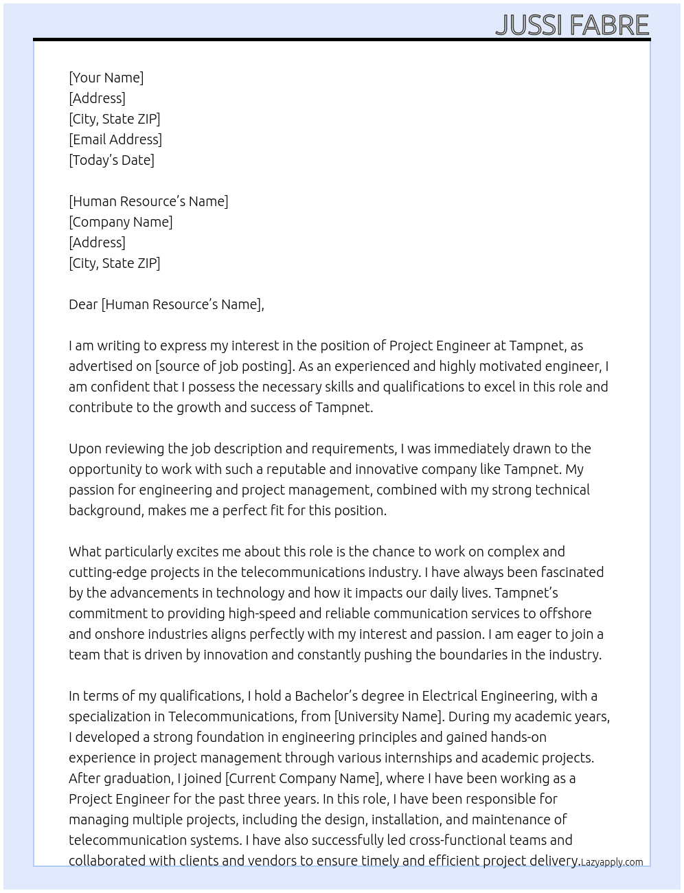 project engineer At Tampnet Cover Letter