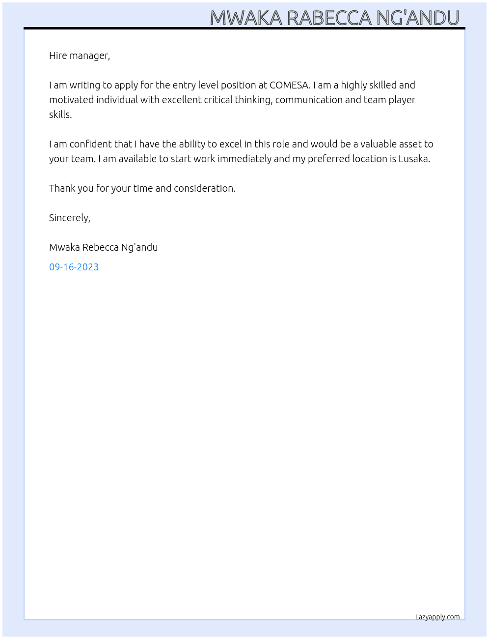 Entry level position  At COMESA  Cover Letter