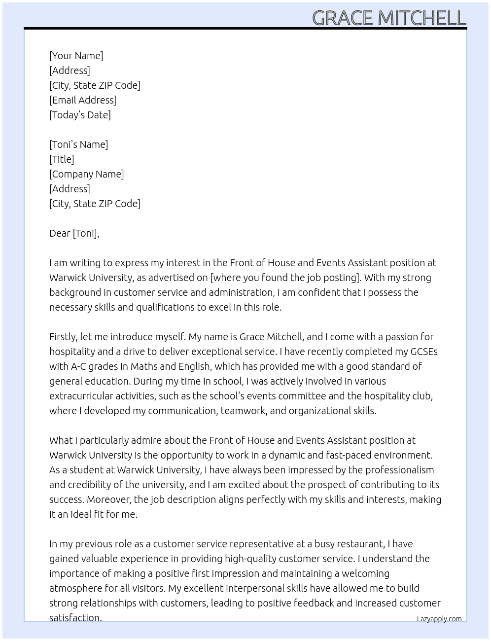 Front of House and Events Assistant At Warwick University Cover Letter