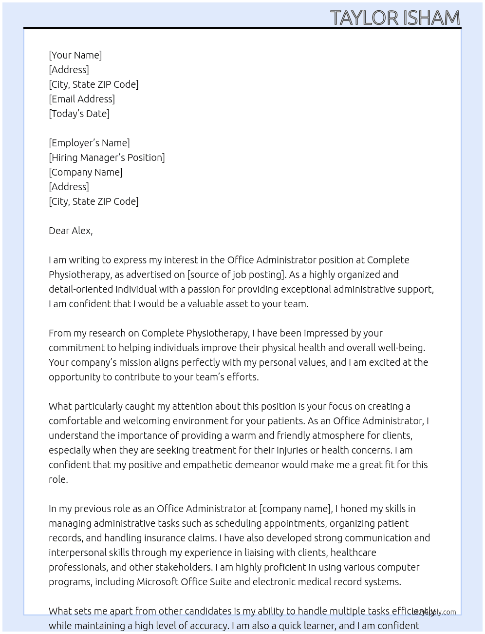 Office Asministrator At Complete Physiotherapy  Cover Letter