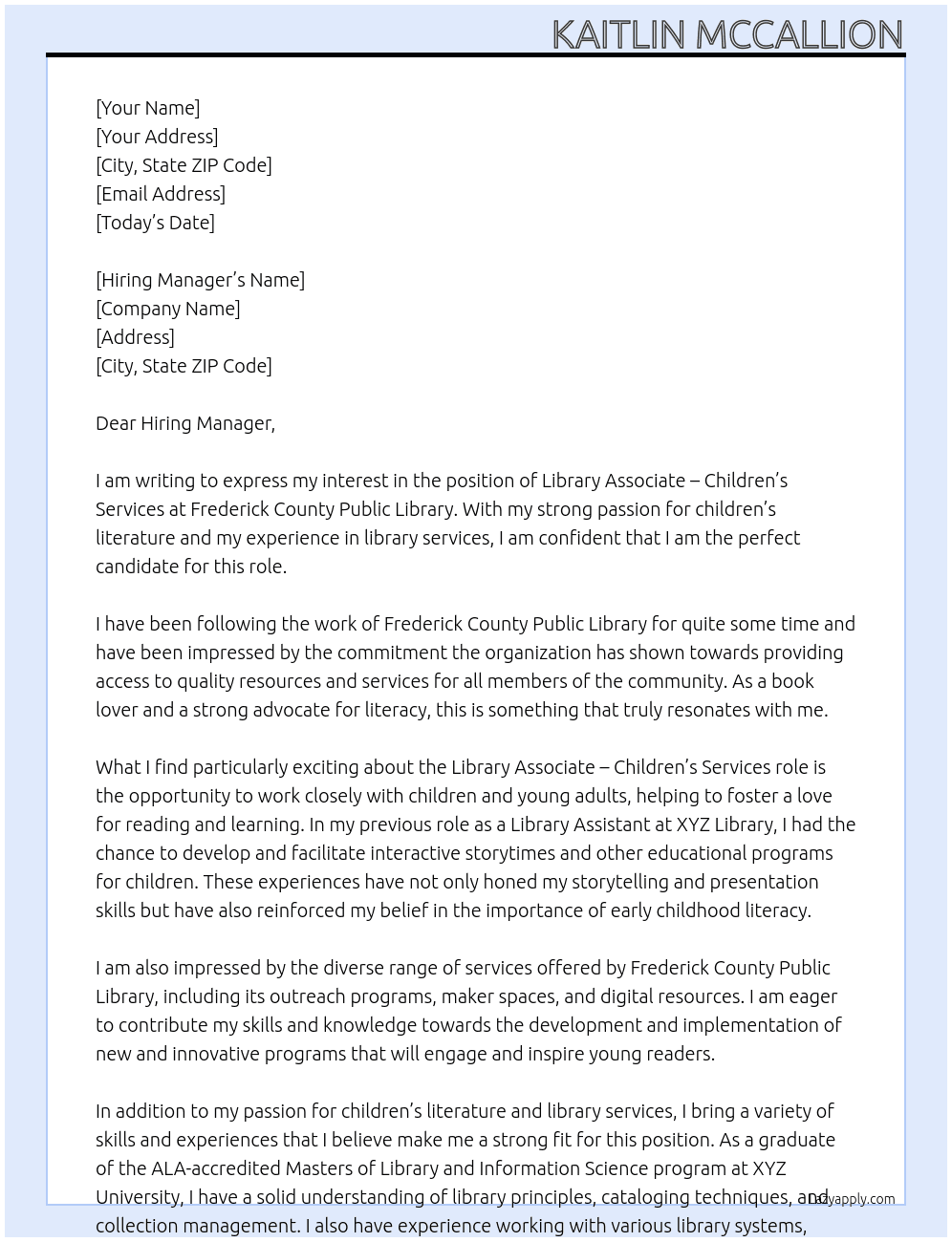 Library Associate - Children's Services At Frederick County Public Library  Cover Letter