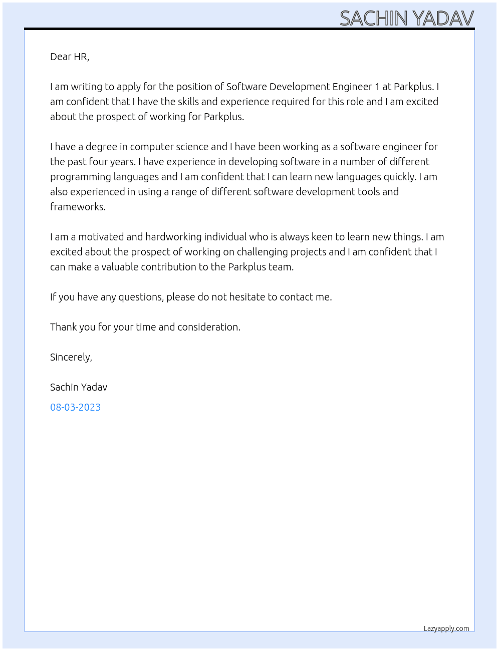 Software Development Engineer 1 At Parkplus Cover Letter
