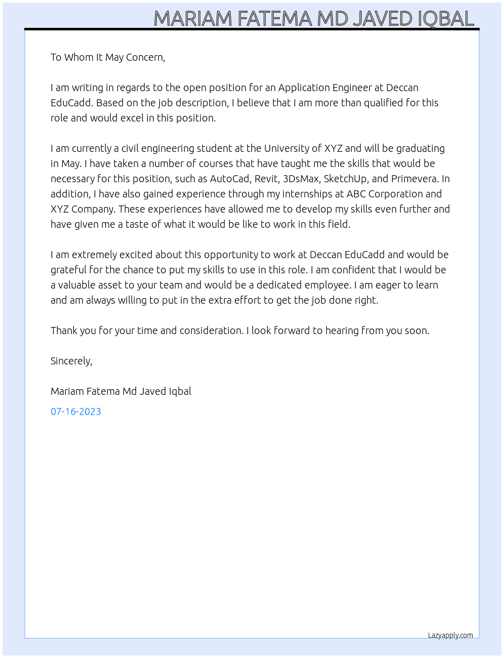 Application Engineer  At Deccan EduCadd  Cover Letter