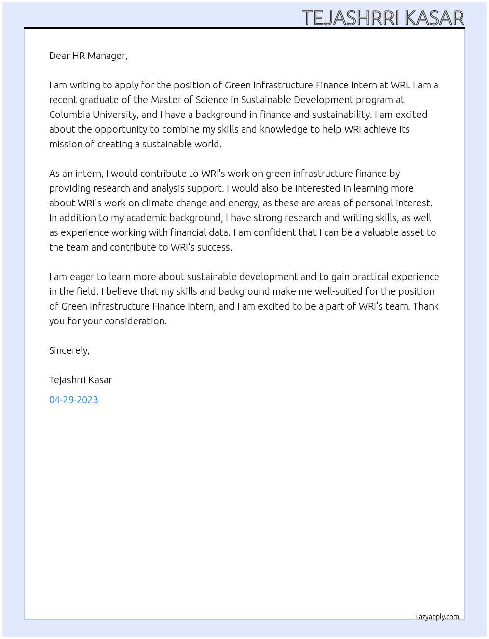 Green infrastructure finance intern At WRI Cover Letter