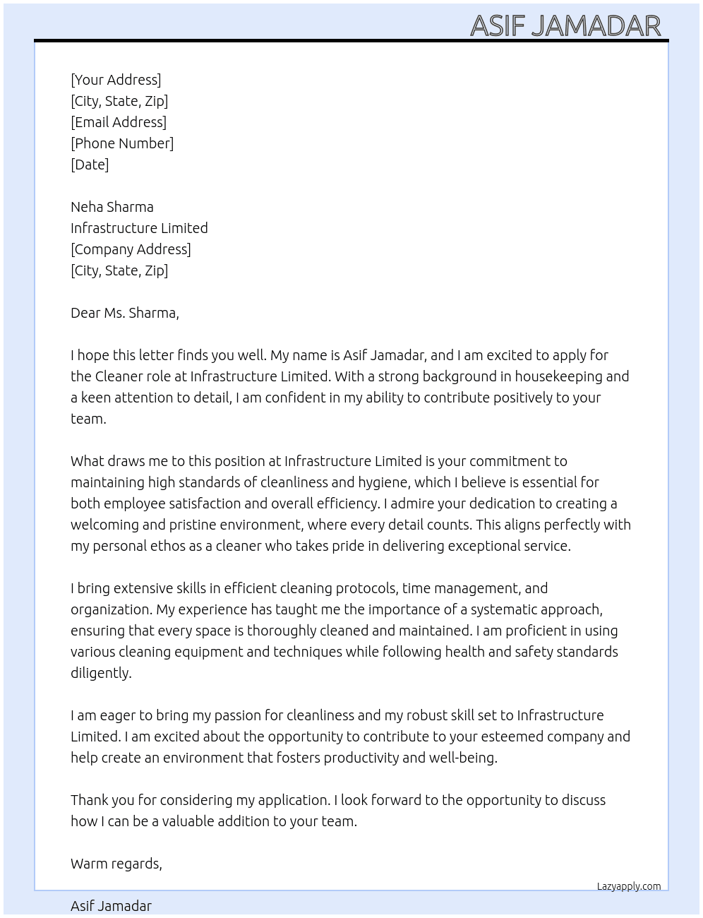 Housekeeping  At Infrastructure Limited  Cover Letter