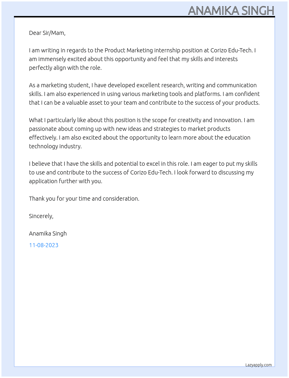  Product Marketing internship At Corizo Edu-Tech Cover Letter