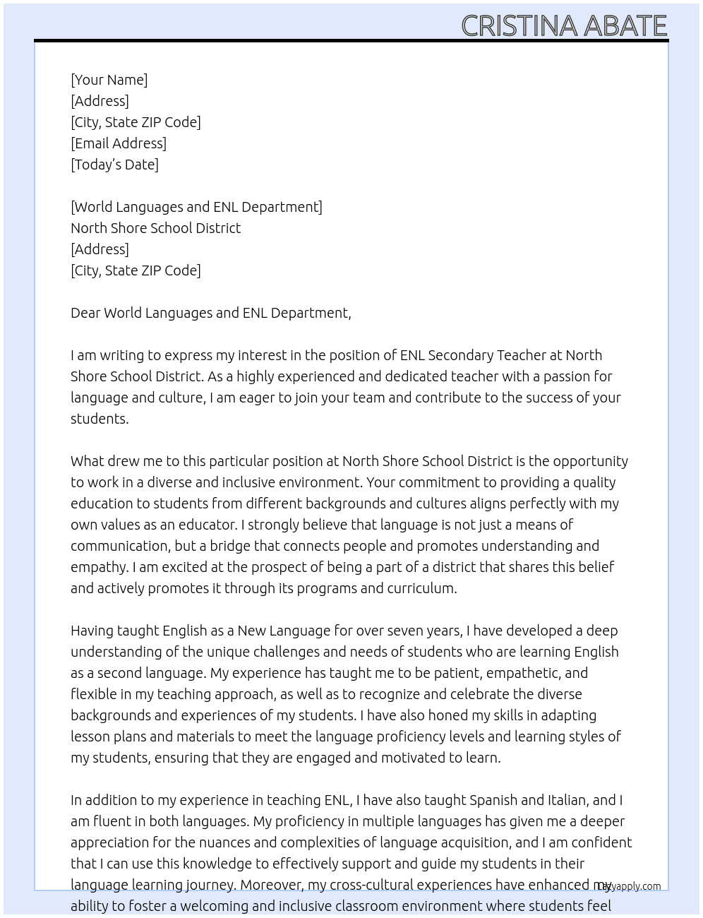 ENL Secondary Teacher At North Shore School District Cover Letter