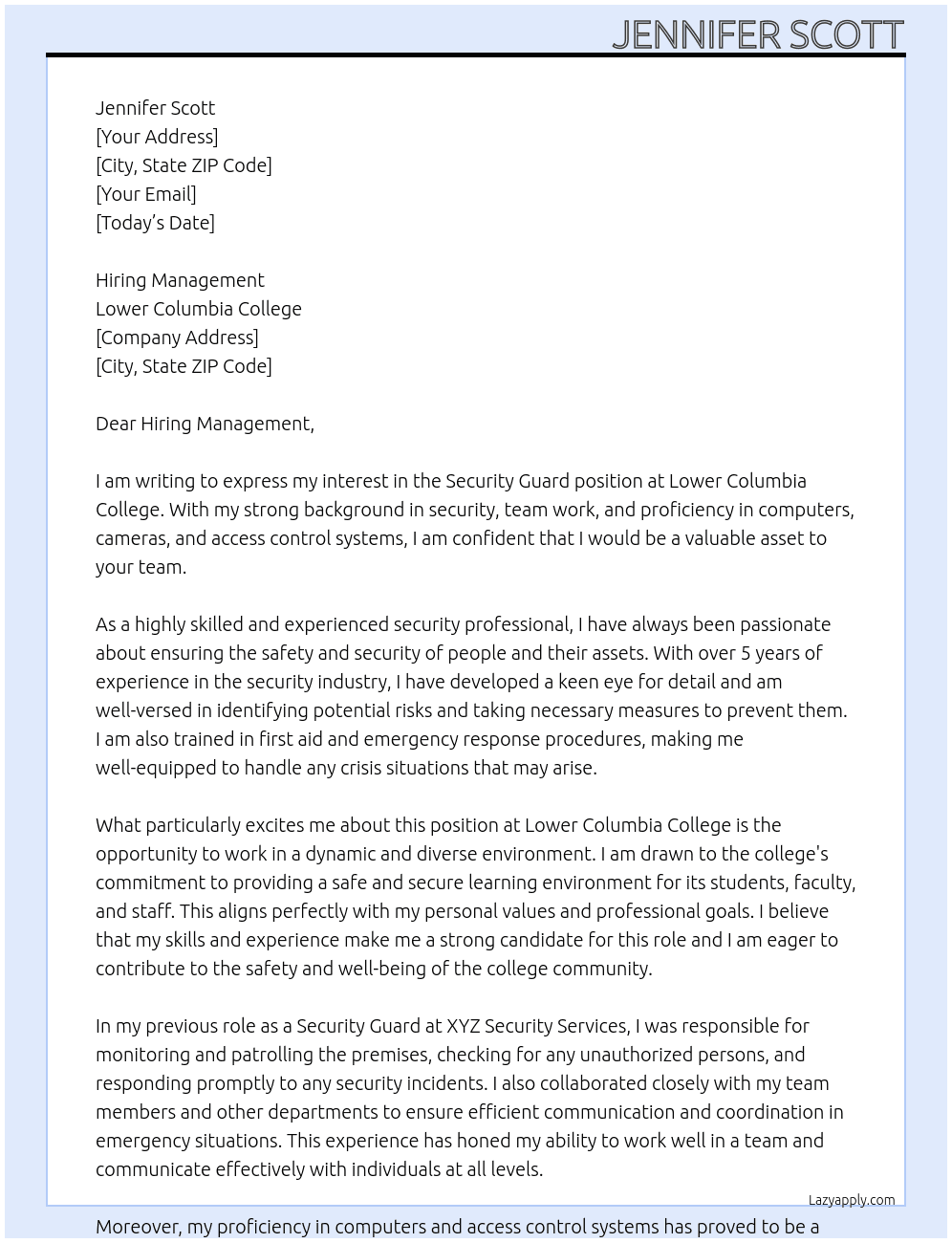 Security Guard At Lower Columbia College Cover Letter