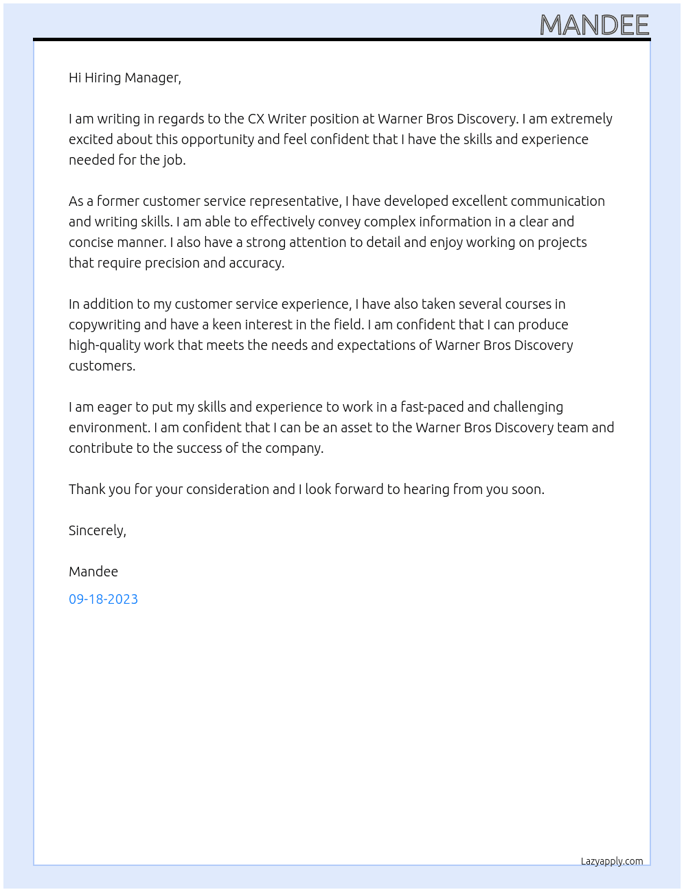 CX Writer At Warner Bros Discovery Cover Letter