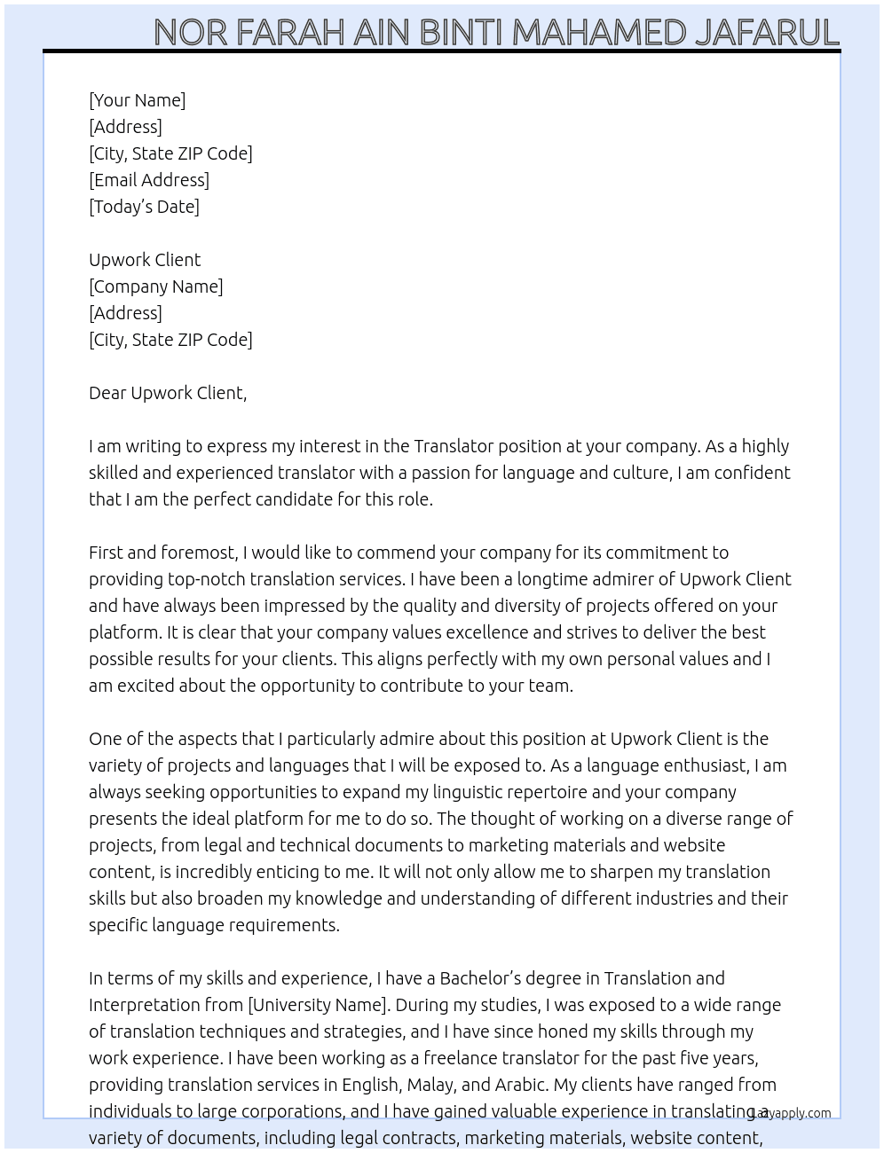 Translator At Upwork Client Cover Letter