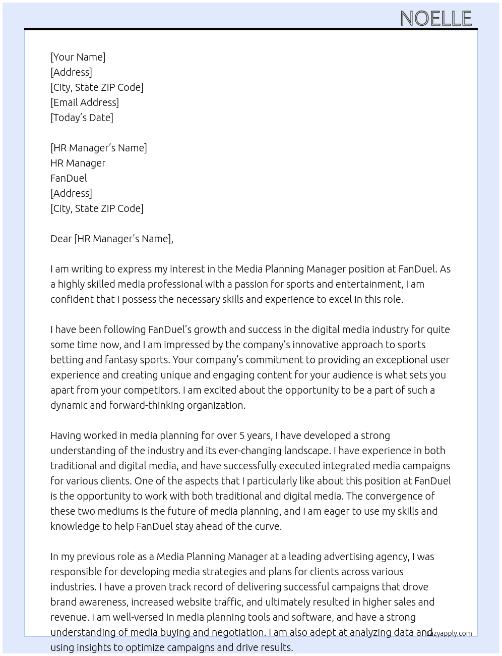 Media Planning Manager At FanDuel Cover Letter