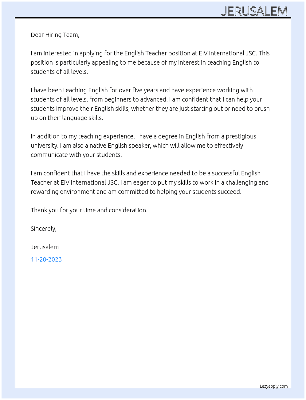 English Teacher  At EIV Internatinal JSC Cover Letter