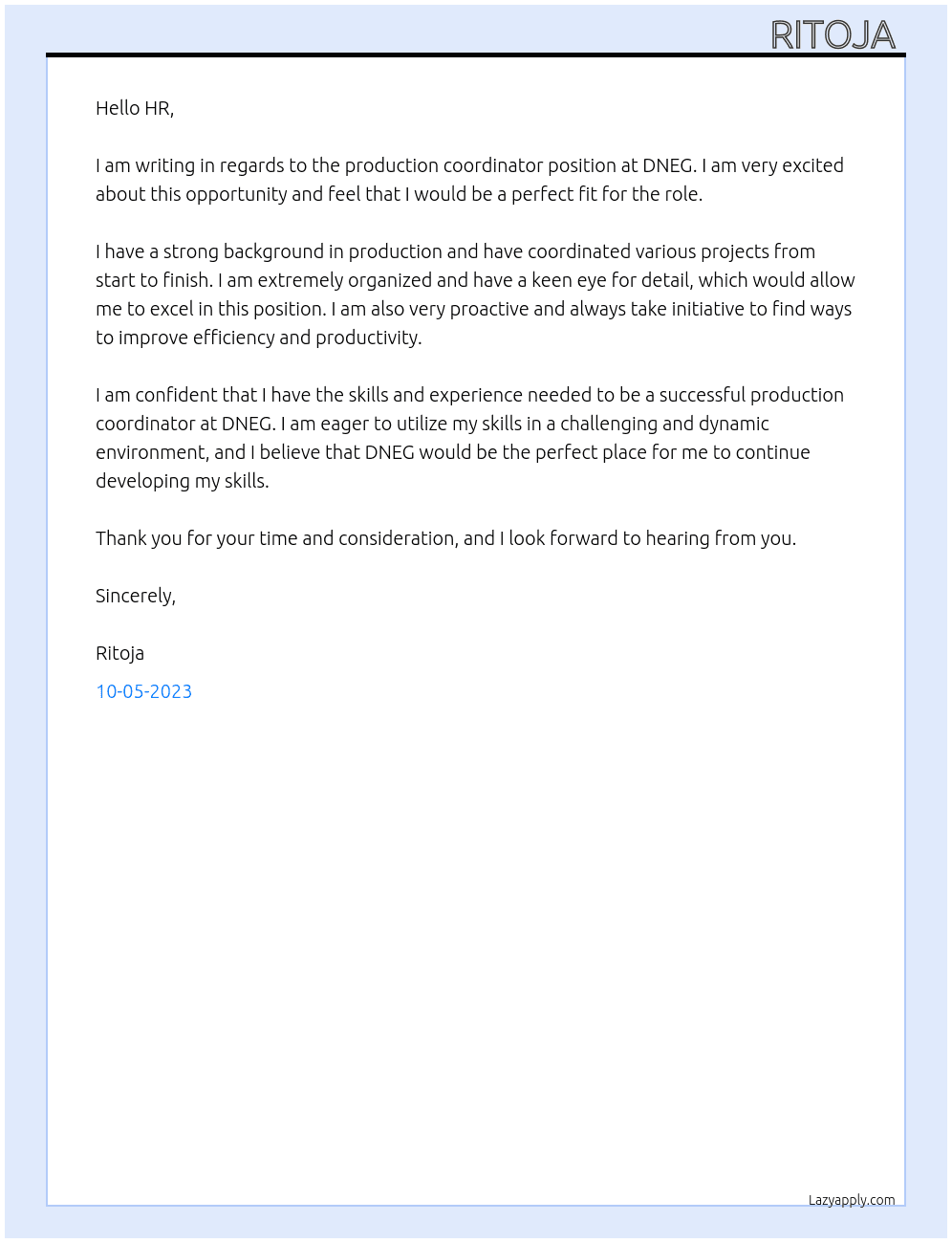 production coordinator At DNEG Cover Letter